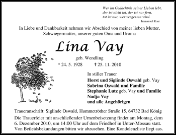 Traueranzeige von Lina Vay von Odenwälder Echo