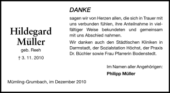 Traueranzeige von Hildegard Müller von Odenwälder Echo