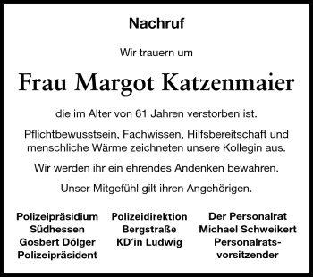 Traueranzeige von Margot Katzenmaier von Starkenburger Echo