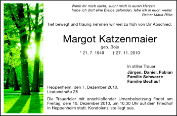 Traueranzeige von Margot Katzenmaier von Starkenburger Echo