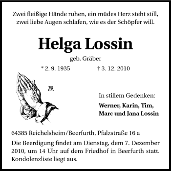 Traueranzeige von Helga Lossin von Odenwälder Echo