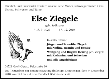 Traueranzeige von Else Ziegele von Rüsselsheimer Echo, Groß-Gerauer-Echo, Ried Echo