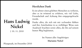 Traueranzeige von Hans Ludwig Nickel von Echo-Zeitungen (Gesamtausgabe)