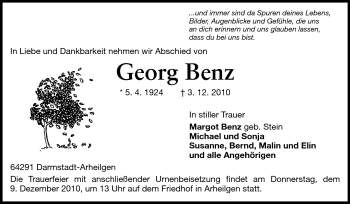 Traueranzeige von Georg Benz von Darmstädter Echo, Odenwälder Echo, Rüsselsheimer Echo, Groß-Gerauer-Echo, Ried Echo