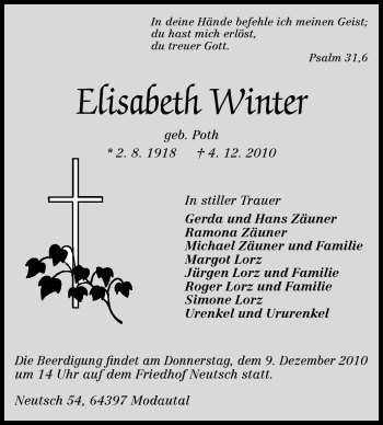 Traueranzeige von Elisabeth Winter von Darmstädter Echo, Odenwälder Echo, Rüsselsheimer Echo, Groß-Gerauer-Echo, Ried Echo