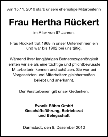 Traueranzeige von Hertha Rückert von Darmstädter Echo, Odenwälder Echo, Rüsselsheimer Echo, Groß-Gerauer-Echo, Ried Echo