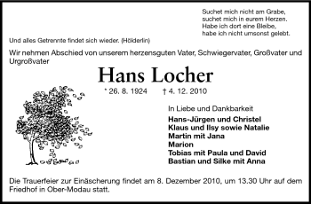 Traueranzeige von Hans Locher von Darmstädter Echo, Odenwälder Echo, Rüsselsheimer Echo, Groß-Gerauer-Echo, Ried Echo