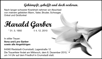 Traueranzeige von Harald Garber von Darmstädter Echo, Odenwälder Echo, Rüsselsheimer Echo, Groß-Gerauer-Echo, Ried Echo