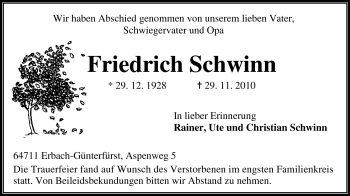 Traueranzeige von Friedrich Schwinn von Odenwälder Echo