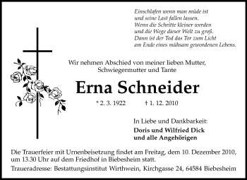 Traueranzeige von Erna Schneider von Darmstädter Echo, Odenwälder Echo, Rüsselsheimer Echo, Groß-Gerauer-Echo, Ried Echo