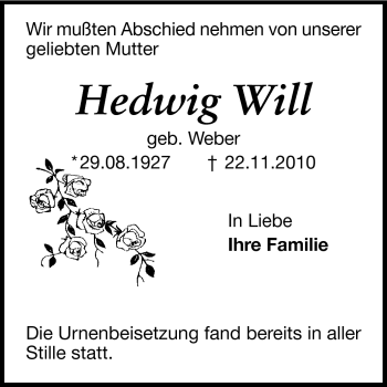 Traueranzeige von Hedwig Will von Darmstädter Echo, Odenwälder Echo, Rüsselsheimer Echo, Groß-Gerauer-Echo, Ried Echo