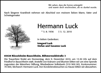 Traueranzeige von Hermann Luck von Rüsselsheimer Echo, Groß-Gerauer-Echo, Ried Echo
