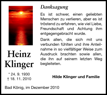 Traueranzeige von Heinz Klinger von Odenwälder Echo