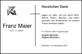Traueranzeige von Franz Maier von Rüsselsheimer Echo, Groß-Gerauer-Echo, Ried Echo