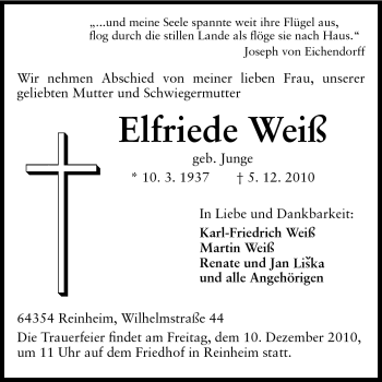 Traueranzeige von Elfriede Weiß von Darmstädter Echo, Odenwälder Echo, Rüsselsheimer Echo, Groß-Gerauer-Echo, Ried Echo