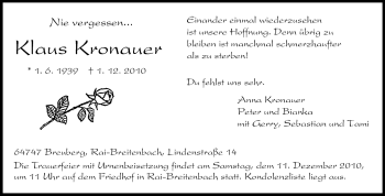 Traueranzeige von Klaus Kronauer von Odenwälder Echo