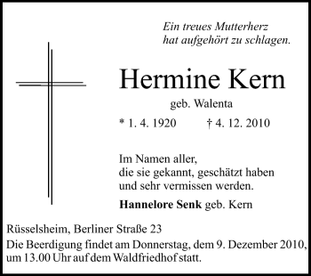 Traueranzeige von Hermine Kern von Rüsselsheimer Echo, Groß-Gerauer-Echo, Ried Echo