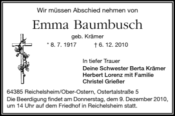 Traueranzeige von Emma Baumbusch von Odenwälder Echo
