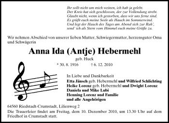 Traueranzeige von Anna Ida Hebermehl von Rüsselsheimer Echo, Groß-Gerauer-Echo, Ried Echo