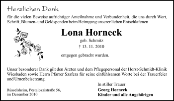 Traueranzeige von Lona Horneck von Rüsselsheimer Echo, Groß-Gerauer-Echo, Ried Echo