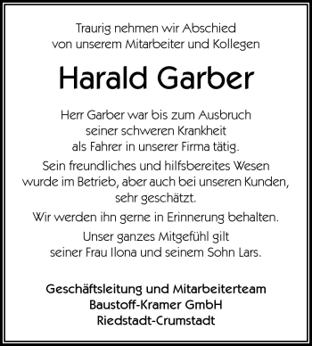 Traueranzeige von Harald Garber von Rüsselsheimer Echo, Groß-Gerauer-Echo, Ried Echo
