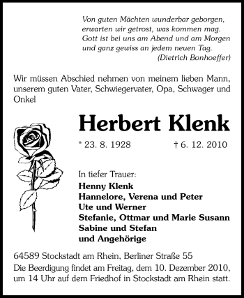 Traueranzeige von Herbert Klenk von Rüsselsheimer Echo, Groß-Gerauer-Echo, Ried Echo