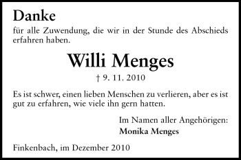 Traueranzeige von Willi Menges von Odenwälder Echo