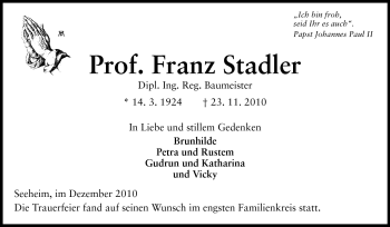 Traueranzeige von Prof. Franz Stadler von Echo-Zeitungen (Gesamtausgabe)
