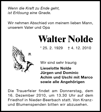 Traueranzeige von Walter Nolde von Echo-Zeitungen (Gesamtausgabe)