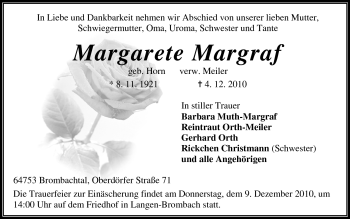 Traueranzeige von Margraf Margarete  von Odenwälder Echo