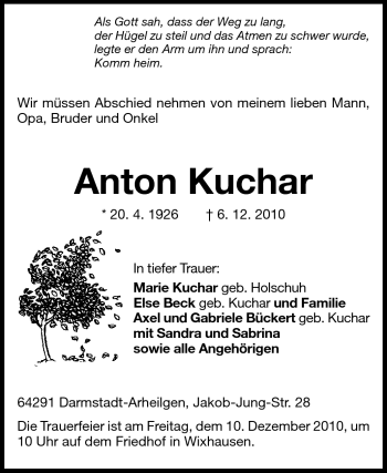 Traueranzeige von Anton Kuchar von Echo-Zeitungen (Gesamtausgabe)