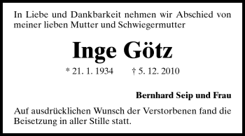 Traueranzeige von Inge Götz von Darmstädter Echo, Odenwälder Echo, Rüsselsheimer Echo, Groß-Gerauer-Echo, Ried Echo