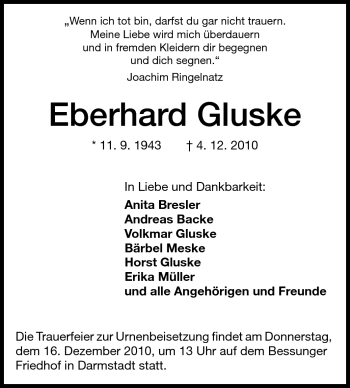 Traueranzeige von Eberhard Gluske von Darmstädter Echo, Odenwälder Echo, Rüsselsheimer Echo, Groß-Gerauer-Echo, Ried Echo