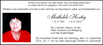 Traueranzeige von Hortig Mathilde von Darmstädter Echo, Odenwälder Echo, Rüsselsheimer Echo, Groß-Gerauer-Echo, Ried Echo