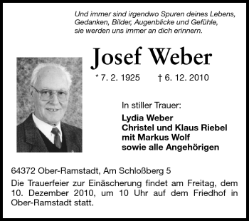 Traueranzeige von Josef Weber von Darmstädter Echo, Odenwälder Echo, Rüsselsheimer Echo, Groß-Gerauer-Echo, Ried Echo