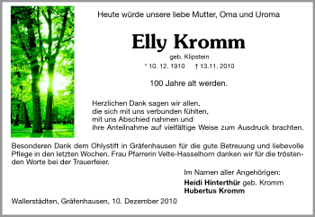 Traueranzeige von Kromm Elly von Darmstädter Echo, Odenwälder Echo, Rüsselsheimer Echo, Groß-Gerauer-Echo, Ried Echo