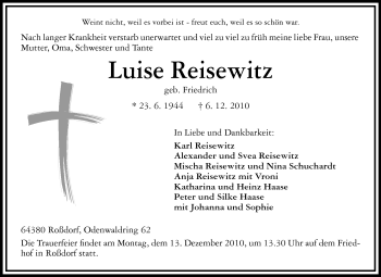 Traueranzeige von Reisewitz Luise von Echo-Zeitungen (Gesamtausgabe)