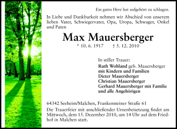 Traueranzeige von Max Mauersberger von Echo-Zeitungen (Gesamtausgabe)