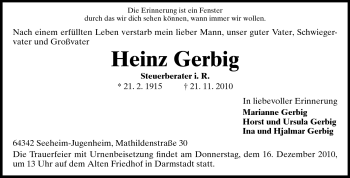 Traueranzeige von Gerbig Heinz von Echo-Zeitungen (Gesamtausgabe)