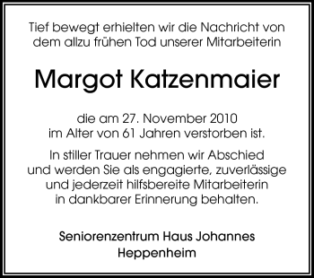Traueranzeige von Margot Katzenmaier von Starkenburger Echo