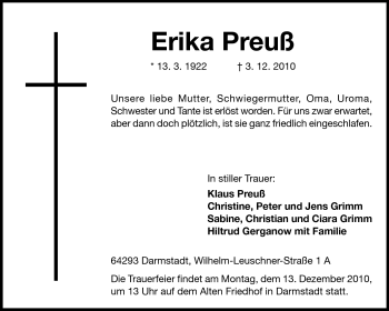 Traueranzeige von Erika Preuß von Darmstädter Echo, Odenwälder Echo, Rüsselsheimer Echo, Groß-Gerauer-Echo, Ried Echo