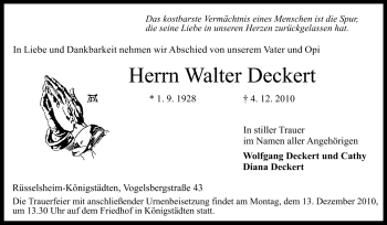 Traueranzeige von Walter Deckert von Rüsselsheimer Echo, Groß-Gerauer-Echo, Ried Echo