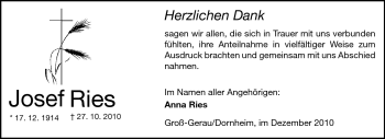 Traueranzeige von Ries Josef von Rüsselsheimer Echo, Groß-Gerauer-Echo, Ried Echo