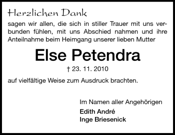 Traueranzeige von Else Petendra von Echo-Zeitungen (Gesamtausgabe)