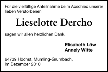 Traueranzeige von Lieselotte Dercho von Odenwälder Echo