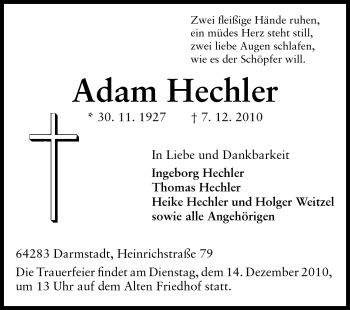Traueranzeige von Adam Hechler von Darmstädter Echo, Odenwälder Echo, Rüsselsheimer Echo, Groß-Gerauer-Echo, Ried Echo