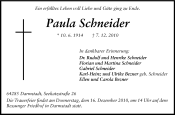 Traueranzeige von Paula Schneider von Darmstädter Echo, Odenwälder Echo, Rüsselsheimer Echo, Groß-Gerauer-Echo, Ried Echo