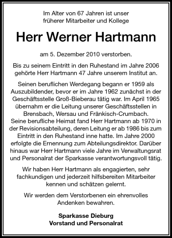 Traueranzeige von Werner Hartmann von Odenwälder Echo