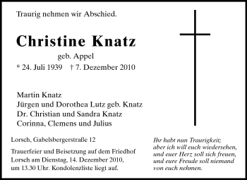 Traueranzeige von Christine Knatz von Starkenburger Echo, Bergsträßer Anzeiger