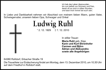 Traueranzeige von Ruhl Ludwig von Echo-Zeitungen (Gesamtausgabe)